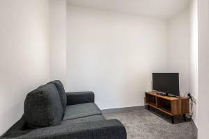Contemporary Budget 1 Bed Apartment in Central Doncaster في دونكاستير: غرفة معيشة مع أريكة وتلفزيون