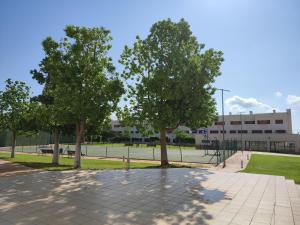 2 arbres dans un parc avec un court de tennis dans l'établissement Apartamento Panoramica Golf, à Sant Jordi