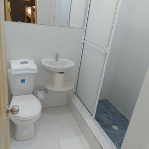 a white bathroom with a toilet and a sink at Hotel Boutique High Park in Cartagena de Indias