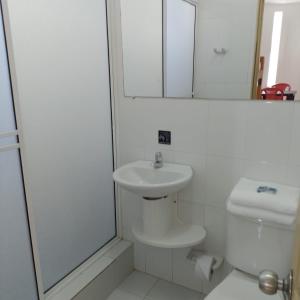 a bathroom with a sink and a toilet and a mirror at Hotel Boutique High Park in Cartagena de Indias