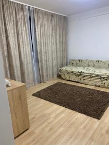 een woonkamer met een bed en een tapijt bij Apartament central in Râmnicu Vâlcea