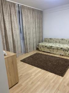 a living room with a bed and a rug at Apartament central in Râmnicu Vâlcea