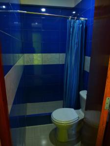 a blue tiled bathroom with a toilet and a shower at Humberto Guest House in Huaraz