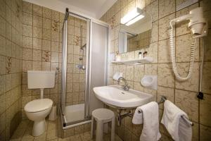 W łazience znajduje się toaleta, umywalka i prysznic. w obiekcie Zilli Rooms w mieście Lajen