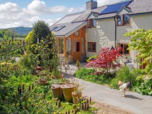 a house with a chicken walking in a garden at Hafotty Fach in Llanfyllin
