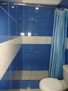 a blue tiled bathroom with a toilet and a shower at Humberto Guest House in Huaraz