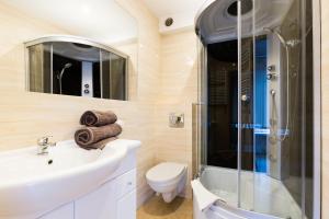 ein Bad mit einem Waschbecken, einer Dusche und einem WC in der Unterkunft ApartHouse Apartamenty Centrum in Sosnowiec
