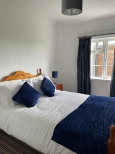 a bedroom with a large bed with blue pillows at Teasy's cottage in Armagh