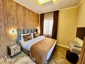 Edremit的住宿－Miro Mara Boutique Hotel & Lounge Bar，配有一张床和一张书桌的酒店客房