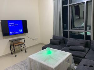 Top House Hostel في أبوظبي: غرفة معيشة مع أريكة وتلفزيون