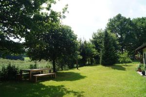 a park with a picnic bench in the grass at Idylisches Cottage mit Reh in Wörthsee