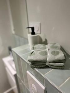 encimera con toallas en la parte superior del baño en Une mise au vert en centre ville, en Sens