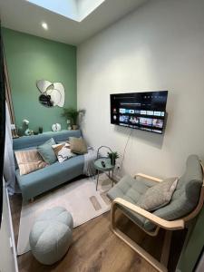 sala de estar con sofá y TV en Une mise au vert en centre ville, en Sens