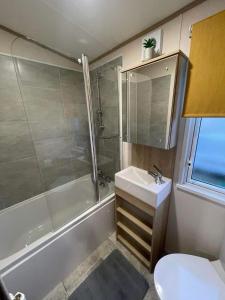 a bathroom with a shower sink and a toilet at Cosy Holiday Home, Home Farm Holiday Park in Brent Knoll