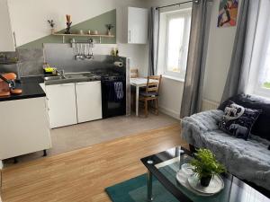 eine Küche und ein Wohnzimmer mit einem Sofa und einem Tisch in der Unterkunft Norwich Apartment - Cosy & Comfortable 1 Bedroom in Goodmayes