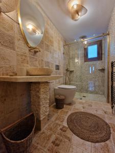 La salle de bains est pourvue de toilettes, d'un lavabo et d'une douche. dans l'établissement Traditional House Meloi, à Patmos