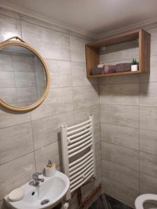 La salle de bains est pourvue d'un lavabo et d'un miroir. dans l'établissement Apartman Tošić, à Trnava