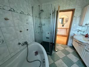 a bathroom with a shower and a tub and a sink at Sonniges & ruhiges Apartment mit Balkon nahe Berlin in Zeuthen