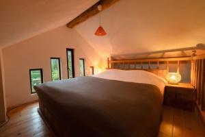 ein Schlafzimmer mit einem großen Bett in einem Zimmer mit Fenstern in der Unterkunft Petit Gîte chez Domaine Château de Bussolles in Barrais-Bussolles