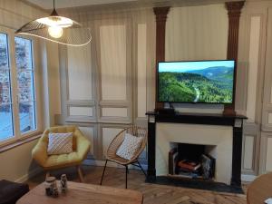 a living room with a television on a fireplace at Gîte de l'église à Saint Saëns in Saint-Saëns