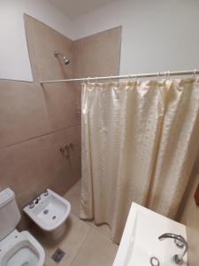 a bathroom with a shower and a toilet and a sink at La Juana in Almafuerte