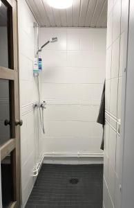 een douche in een badkamer met een zwarte tegelvloer bij Tahkonloft in Kuopio