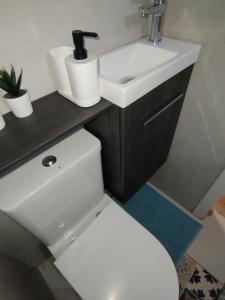 a bathroom with a white toilet and a sink at Aegina Port Apt 4 in Egina