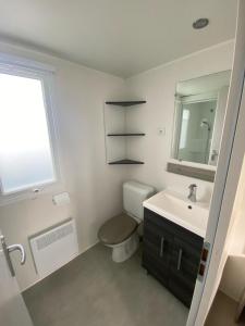 bagno con servizi igienici, lavandino e finestra di mobil home 394 - Domaine de Kerlann a Pont-Aven