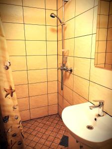 a bathroom with a sink and a shower at Mahtra Hostel in Tallinn