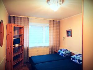 a bedroom with a blue bed and a window at Mahtra Hostel in Tallinn