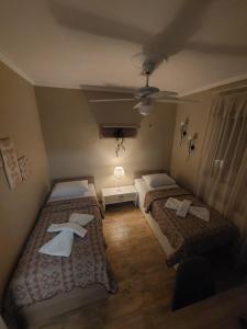 1 Schlafzimmer mit 2 Betten und einem Deckenventilator in der Unterkunft ALICE'S ARt HOUSE in Kavala