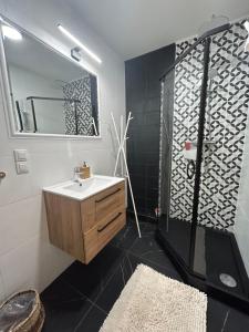 a bathroom with a sink and a shower with a mirror at Apartament Sołtysowska- garaż bezpłatny in Krakow