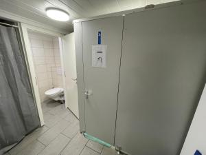 a bathroom with a toilet and a shower stall at Bristenblick in Fluelen
