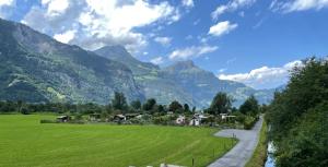 a village in a field with mountains in the background at Bristenblick in Fluelen