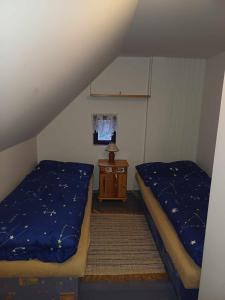 2 Betten in einem Zimmer mit einem Tisch und einem TV in der Unterkunft Chalupa u Jánošíka in Terchová