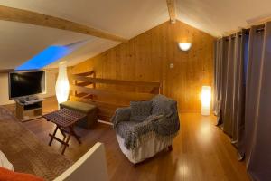 a living room with a couch and a television at Beau Duplex, au bord du lac Saint-Point in Malbuisson