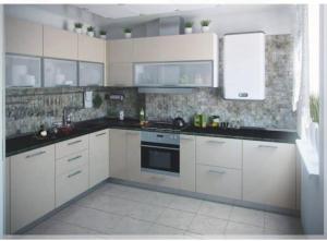 a kitchen with white cabinets and black counter tops at MY ELIT APARTMAN in Çekme