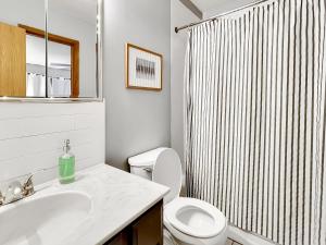 德梅因的住宿－Charming Family Friendly 3br Duplex Close To Drake，浴室配有白色卫生间和淋浴。
