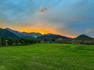 a green field with a sunset in the mountains at White Caps Kaikoura Farmstay in Kaikoura +31 photos