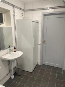 a white bathroom with a sink and a shower at Lisa Lodge i Järvsö Ski and bike in and out in Järvsö