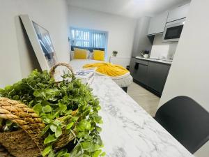 a kitchen with a table with a basket of plants at Sleek & Stylish Stretford Studio for Two in Manchester