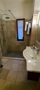 a bathroom with a shower and a sink at Konitsa Mountain Hotel in Konitsa