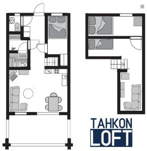 クオピオにあるTahkonloftの白黒の家屋図