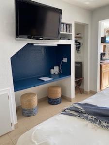 伍德蘭公園的住宿－Pikes Peak Paradise Bed and Breakfast，一间卧室设有蓝色墙壁和平面电视