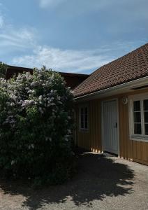 um grande arbusto em frente a uma casa em Grindstugan - Centralt och trevligt hus i Nora em Nora