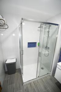 a shower with a glass door in a bathroom at Casa Azul 3 - Senhora da Rocha, Algarve in Porches