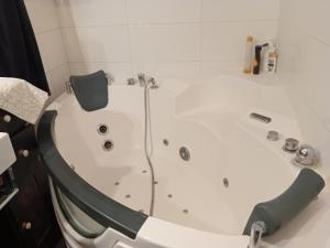 a bath tub in a bathroom with a shower at Indian tent glamping in Mrše