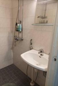 a bathroom with a sink and a mirror at Viihtyisä ja valoisa yksiö keskustan läheisyydessä in Heinola
