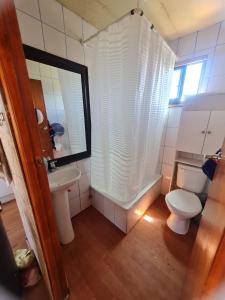 a small bathroom with a toilet and a sink at Cabaña Atardecer Curiñanco in Valdivia