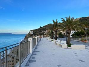 un trottoir avec des palmiers à côté de l'océan dans l'établissement Appartamento Vico Matrice, à Gioiosa Marea